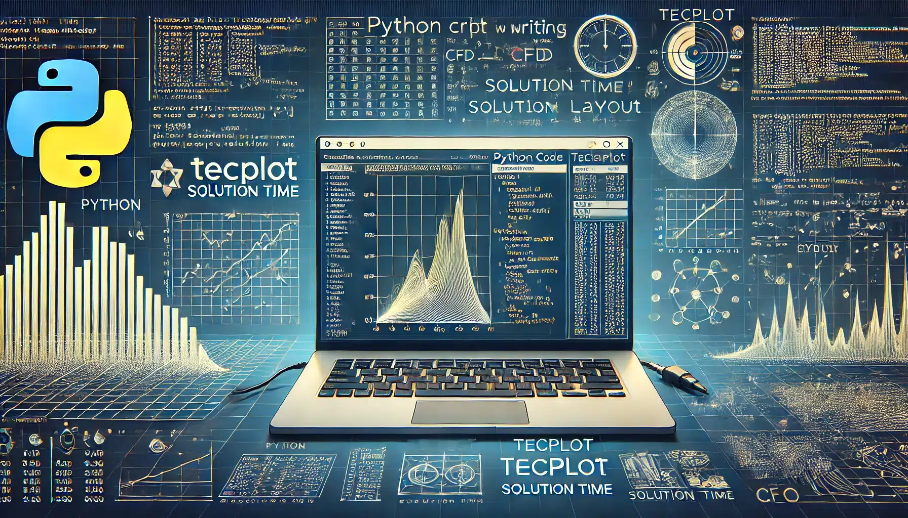 Illustration showing Python script writing data into a Tecplot solution time layout with 3D computational grid and coding elements.